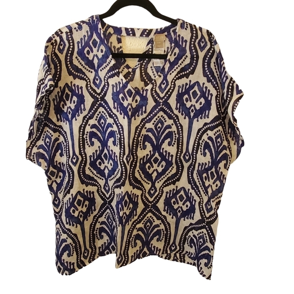 Chico's S/M 100% Linen Ikat Print Poncho Top Bohemian
